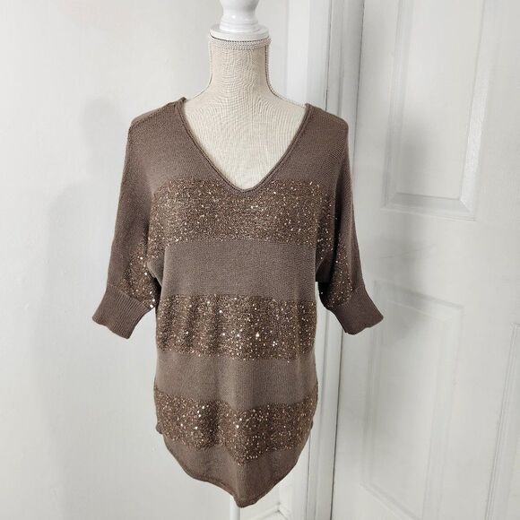Express Sweater Womens Small Brown Striped Sequins Lightweight Pullover V Neck - Picture 1 of 13